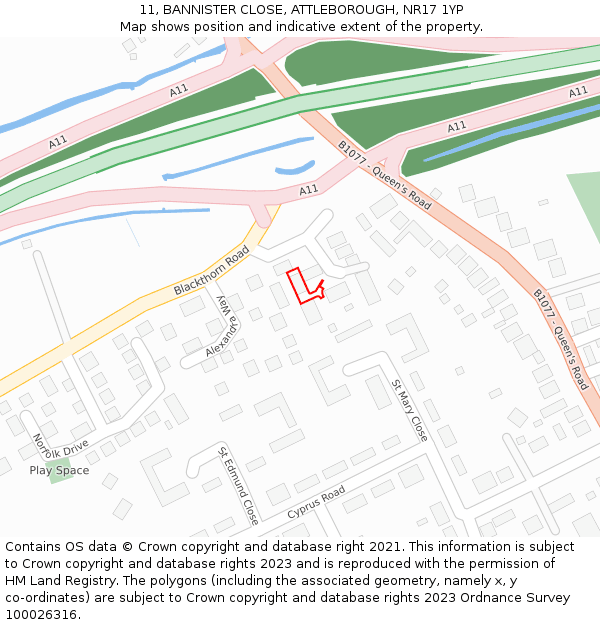 11, BANNISTER CLOSE, ATTLEBOROUGH, NR17 1YP: Location map and indicative extent of plot