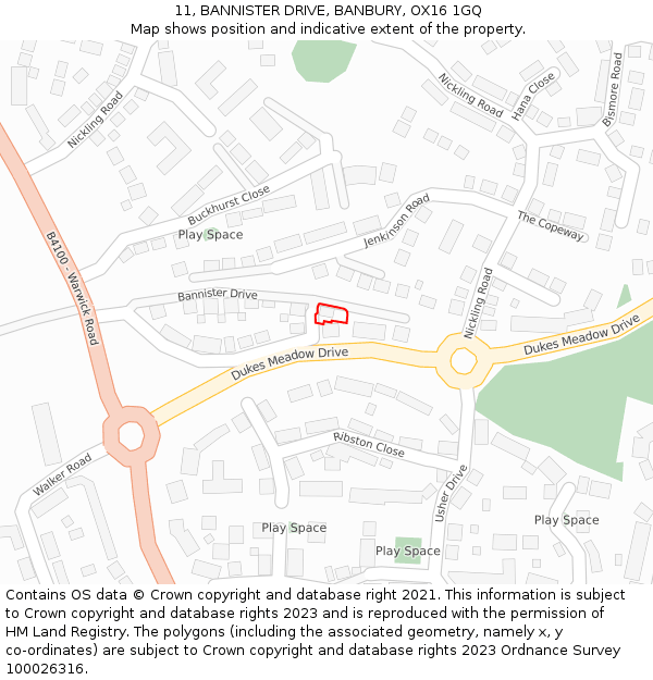 11, BANNISTER DRIVE, BANBURY, OX16 1GQ: Location map and indicative extent of plot