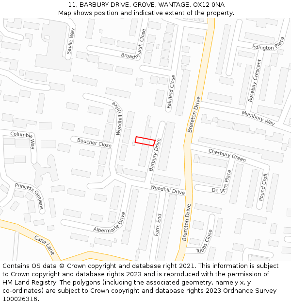 11, BARBURY DRIVE, GROVE, WANTAGE, OX12 0NA: Location map and indicative extent of plot