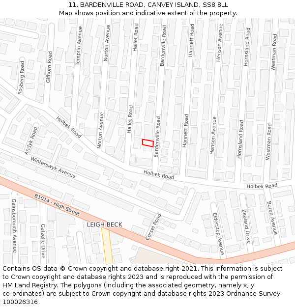 11, BARDENVILLE ROAD, CANVEY ISLAND, SS8 8LL: Location map and indicative extent of plot