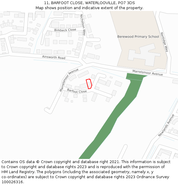 11, BARFOOT CLOSE, WATERLOOVILLE, PO7 3DS: Location map and indicative extent of plot