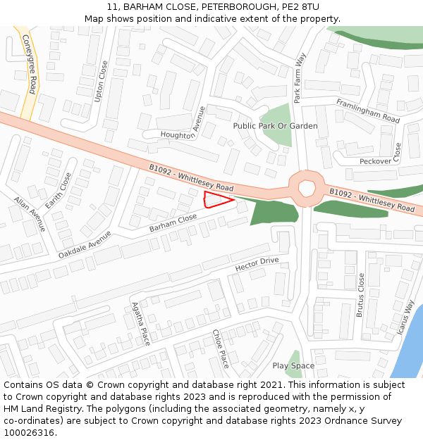 11, BARHAM CLOSE, PETERBOROUGH, PE2 8TU: Location map and indicative extent of plot