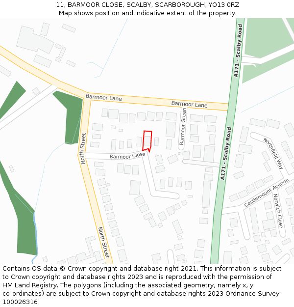 11, BARMOOR CLOSE, SCALBY, SCARBOROUGH, YO13 0RZ: Location map and indicative extent of plot