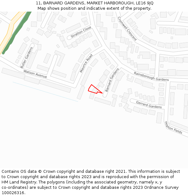 11, BARNARD GARDENS, MARKET HARBOROUGH, LE16 9JQ: Location map and indicative extent of plot