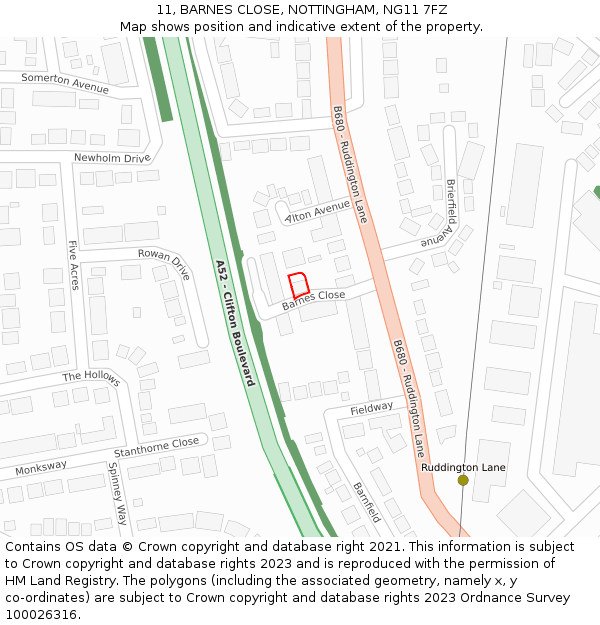 11, BARNES CLOSE, NOTTINGHAM, NG11 7FZ: Location map and indicative extent of plot