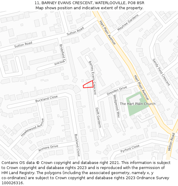 11, BARNEY EVANS CRESCENT, WATERLOOVILLE, PO8 8SR: Location map and indicative extent of plot