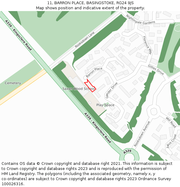 11, BARRON PLACE, BASINGSTOKE, RG24 9JS: Location map and indicative extent of plot