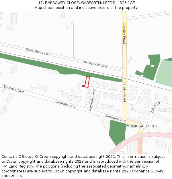 11, BARROWBY CLOSE, GARFORTH, LEEDS, LS25 1AE: Location map and indicative extent of plot