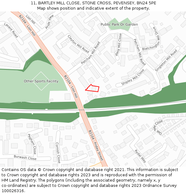 11, BARTLEY MILL CLOSE, STONE CROSS, PEVENSEY, BN24 5PE: Location map and indicative extent of plot