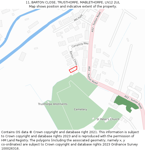 11, BARTON CLOSE, TRUSTHORPE, MABLETHORPE, LN12 2UL: Location map and indicative extent of plot