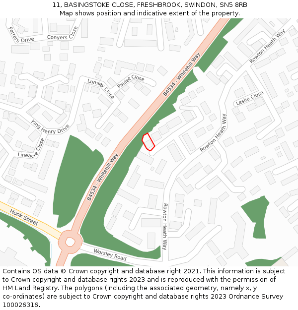 11, BASINGSTOKE CLOSE, FRESHBROOK, SWINDON, SN5 8RB: Location map and indicative extent of plot