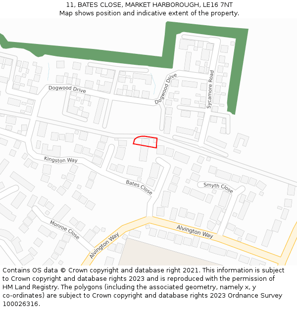 11, BATES CLOSE, MARKET HARBOROUGH, LE16 7NT: Location map and indicative extent of plot