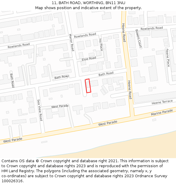 11, BATH ROAD, WORTHING, BN11 3NU: Location map and indicative extent of plot