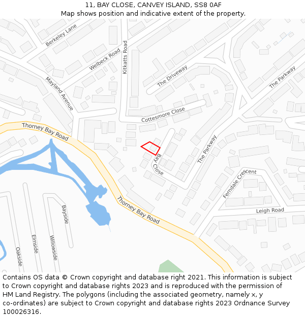 11, BAY CLOSE, CANVEY ISLAND, SS8 0AF: Location map and indicative extent of plot