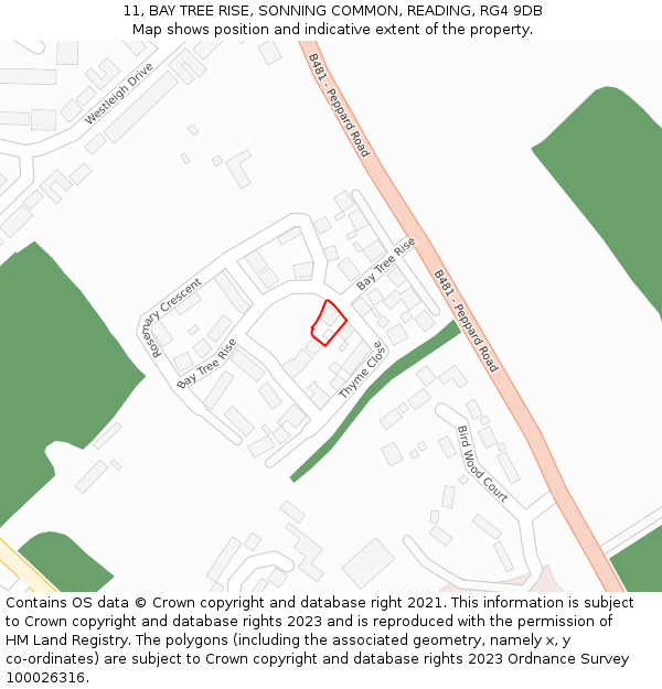 11, BAY TREE RISE, SONNING COMMON, READING, RG4 9DB: Location map and indicative extent of plot