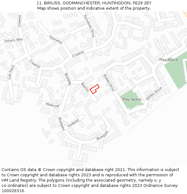 11, BAYLISS, GODMANCHESTER, HUNTINGDON, PE29 2EY: Location map and indicative extent of plot