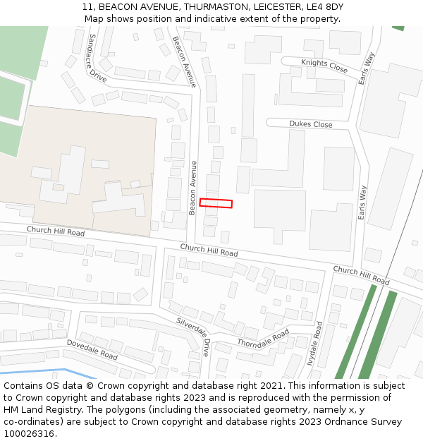 11, BEACON AVENUE, THURMASTON, LEICESTER, LE4 8DY: Location map and indicative extent of plot