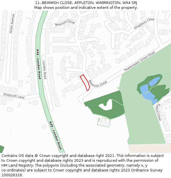 11, BEAMISH CLOSE, APPLETON, WARRINGTON, WA4 5RJ: Location map and indicative extent of plot