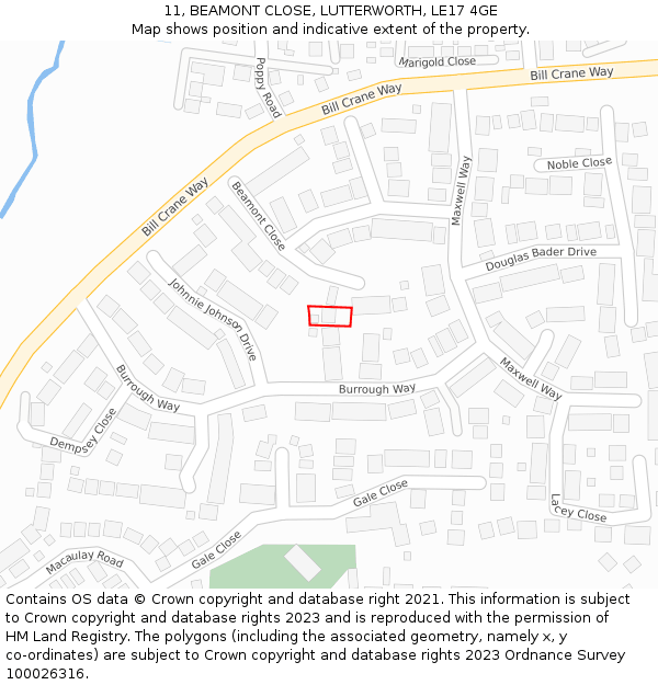11, BEAMONT CLOSE, LUTTERWORTH, LE17 4GE: Location map and indicative extent of plot