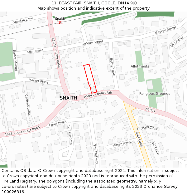 11, BEAST FAIR, SNAITH, GOOLE, DN14 9JQ: Location map and indicative extent of plot