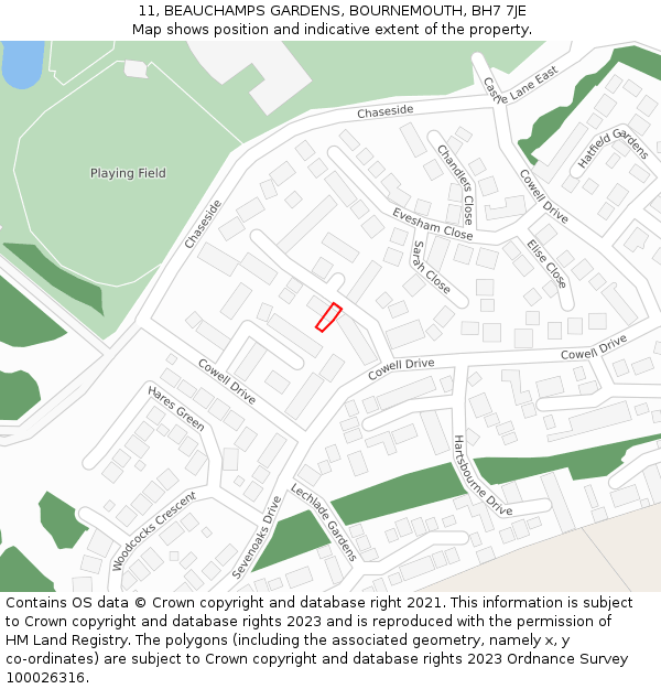 11, BEAUCHAMPS GARDENS, BOURNEMOUTH, BH7 7JE: Location map and indicative extent of plot