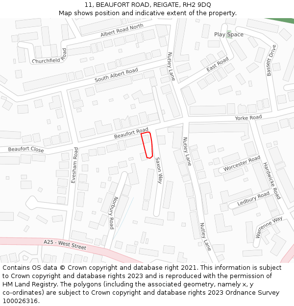 11, BEAUFORT ROAD, REIGATE, RH2 9DQ: Location map and indicative extent of plot