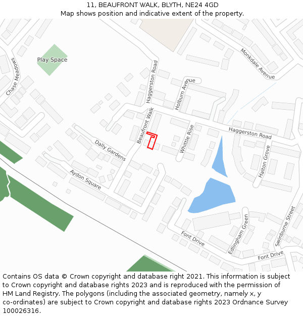 11, BEAUFRONT WALK, BLYTH, NE24 4GD: Location map and indicative extent of plot