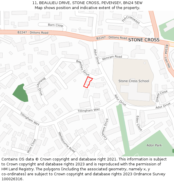 11, BEAULIEU DRIVE, STONE CROSS, PEVENSEY, BN24 5EW: Location map and indicative extent of plot