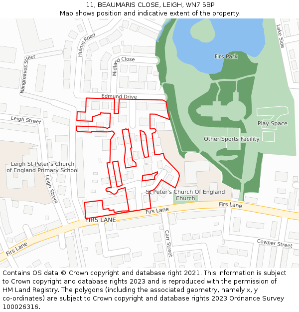 11, BEAUMARIS CLOSE, LEIGH, WN7 5BP: Location map and indicative extent of plot