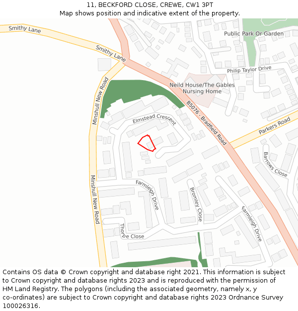 11, BECKFORD CLOSE, CREWE, CW1 3PT: Location map and indicative extent of plot