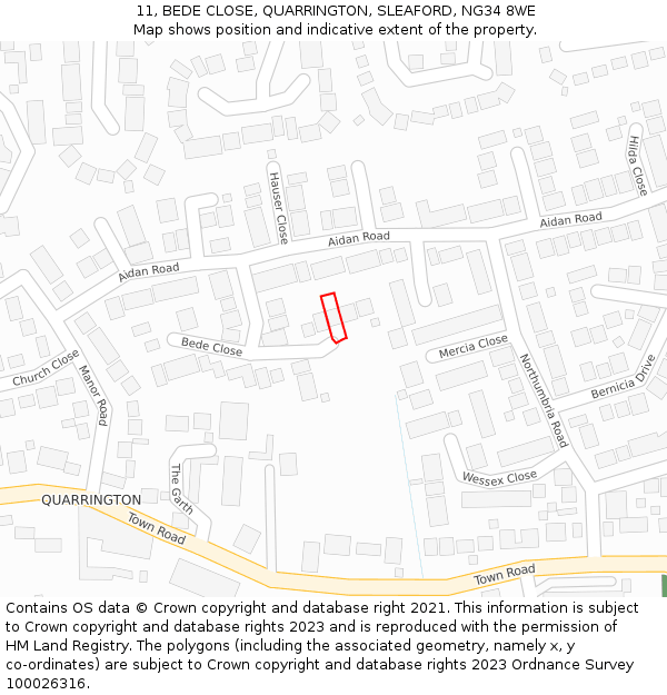 11, BEDE CLOSE, QUARRINGTON, SLEAFORD, NG34 8WE: Location map and indicative extent of plot