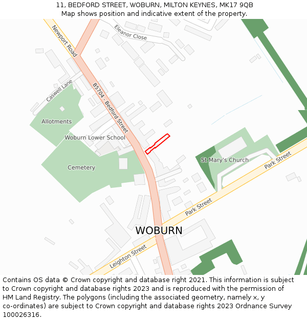 11, BEDFORD STREET, WOBURN, MILTON KEYNES, MK17 9QB: Location map and indicative extent of plot