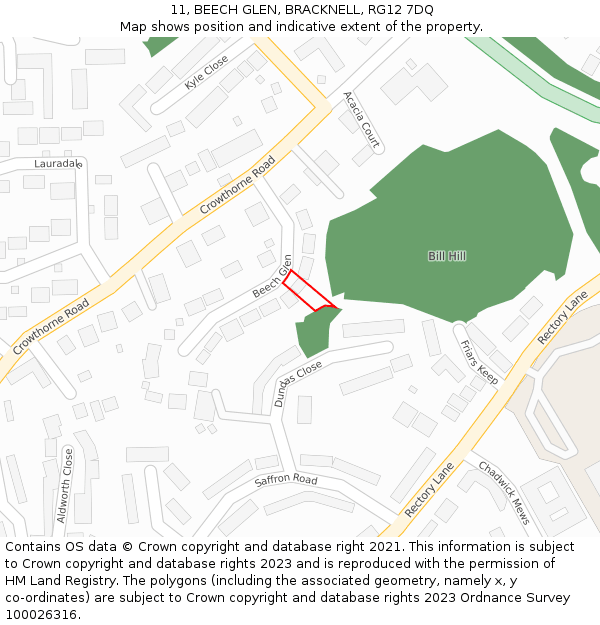 11, BEECH GLEN, BRACKNELL, RG12 7DQ: Location map and indicative extent of plot
