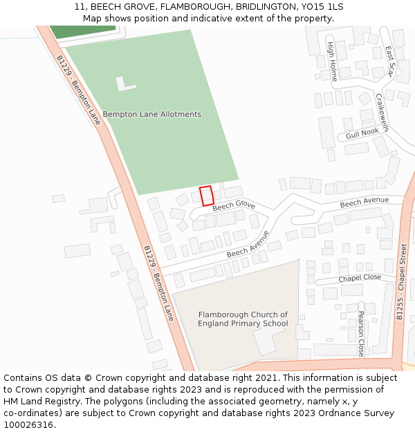 11, BEECH GROVE, FLAMBOROUGH, BRIDLINGTON, YO15 1LS: Location map and indicative extent of plot