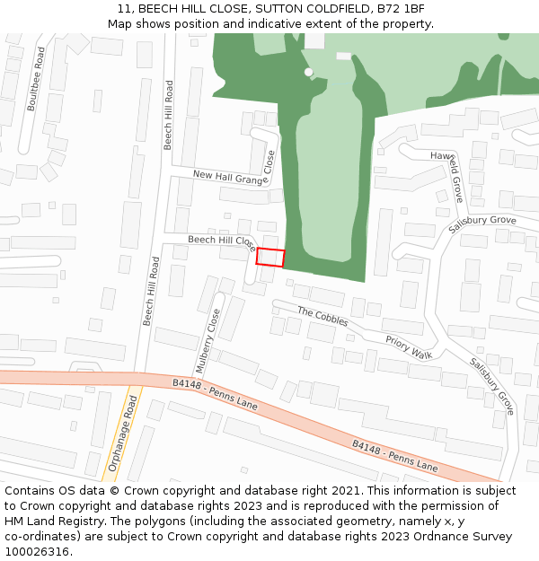 11, BEECH HILL CLOSE, SUTTON COLDFIELD, B72 1BF: Location map and indicative extent of plot