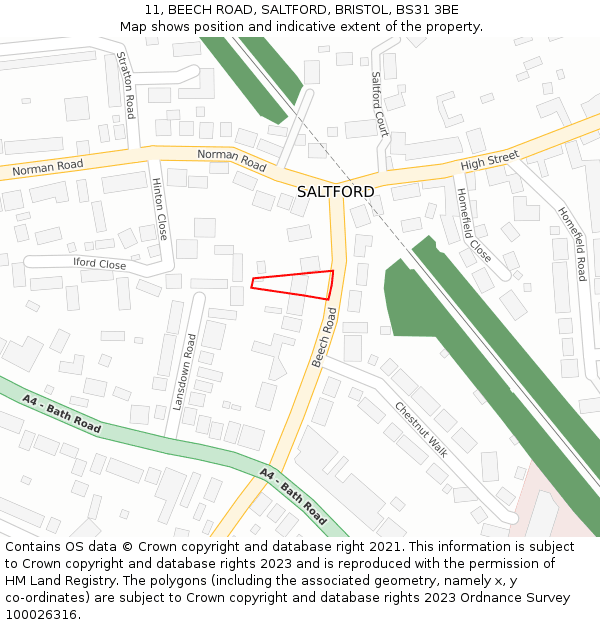 11, BEECH ROAD, SALTFORD, BRISTOL, BS31 3BE: Location map and indicative extent of plot