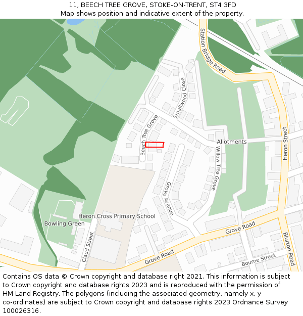 11, BEECH TREE GROVE, STOKE-ON-TRENT, ST4 3FD: Location map and indicative extent of plot