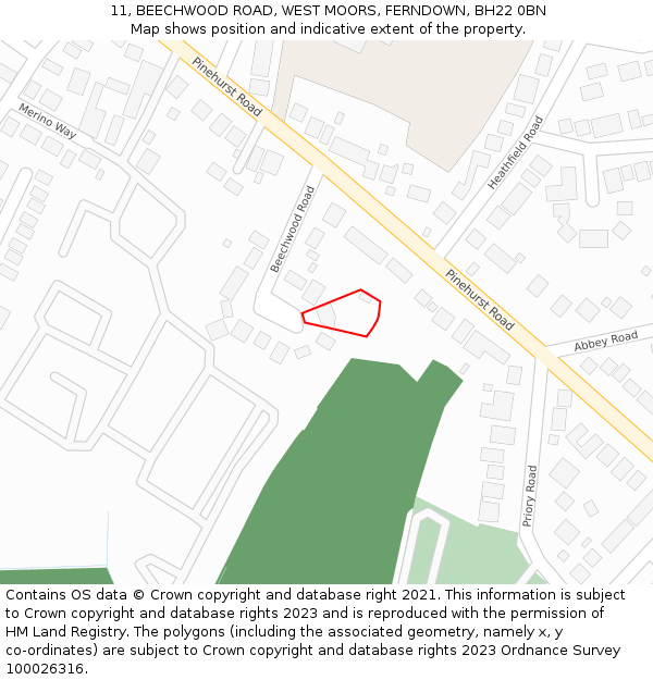 11, BEECHWOOD ROAD, WEST MOORS, FERNDOWN, BH22 0BN: Location map and indicative extent of plot