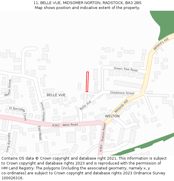 11, BELLE VUE, MIDSOMER NORTON, RADSTOCK, BA3 2BS: Location map and indicative extent of plot