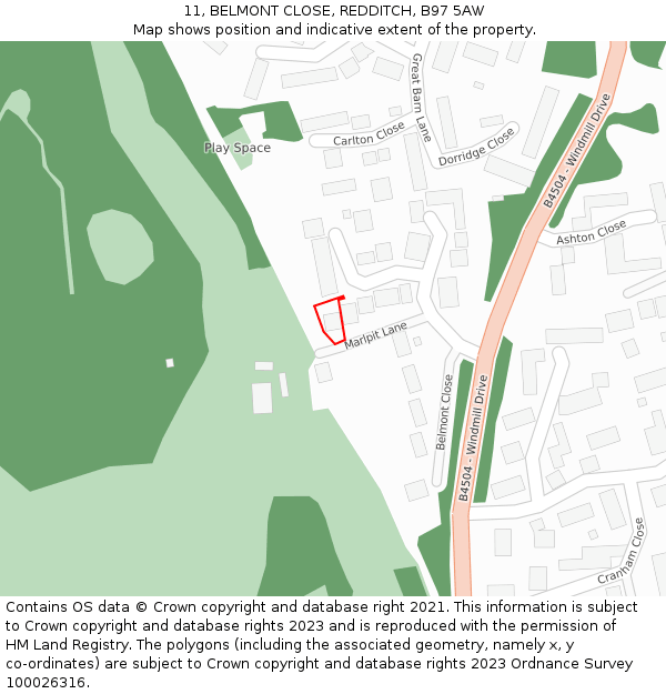 11, BELMONT CLOSE, REDDITCH, B97 5AW: Location map and indicative extent of plot