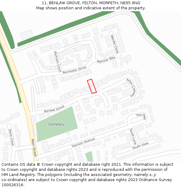 11, BENLAW GROVE, FELTON, MORPETH, NE65 9NG: Location map and indicative extent of plot