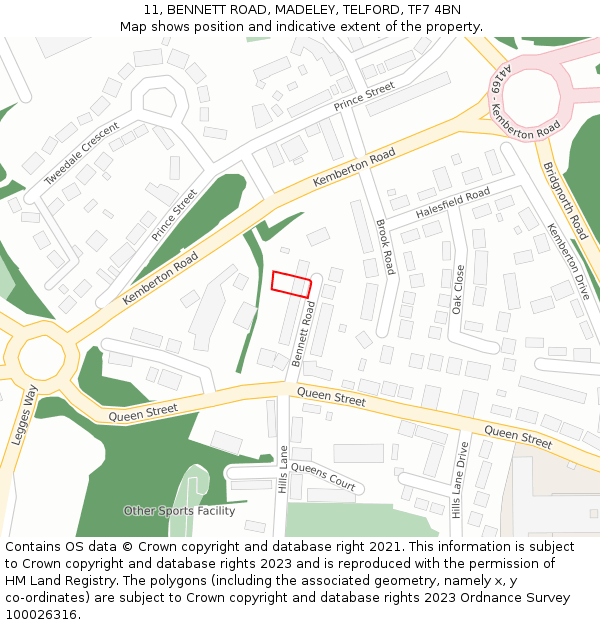11, BENNETT ROAD, MADELEY, TELFORD, TF7 4BN: Location map and indicative extent of plot