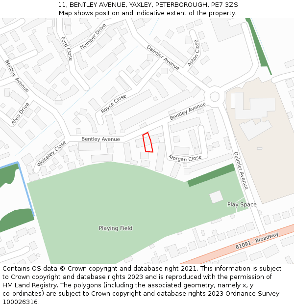 11, BENTLEY AVENUE, YAXLEY, PETERBOROUGH, PE7 3ZS: Location map and indicative extent of plot