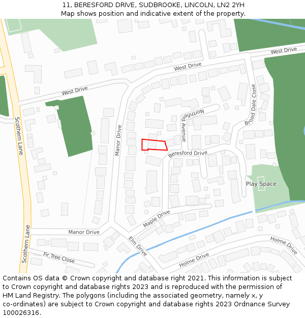 11, BERESFORD DRIVE, SUDBROOKE, LINCOLN, LN2 2YH: Location map and indicative extent of plot