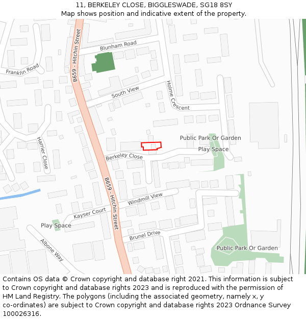 11, BERKELEY CLOSE, BIGGLESWADE, SG18 8SY: Location map and indicative extent of plot