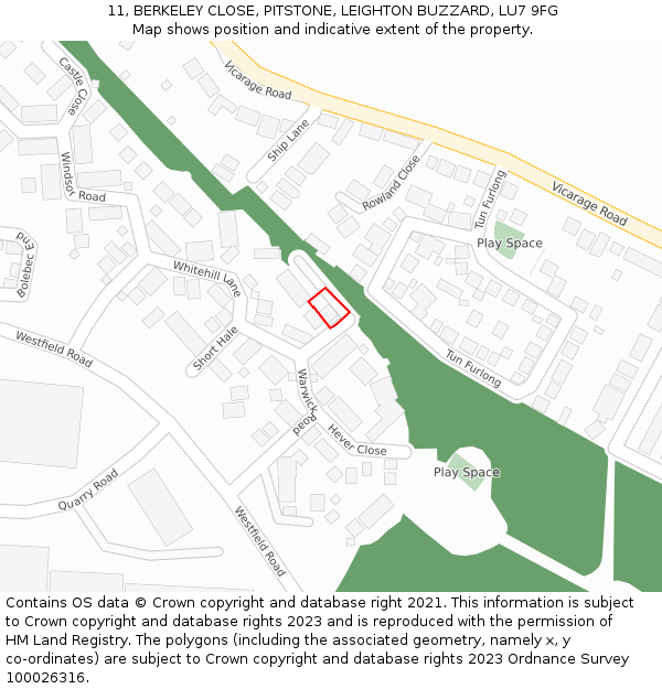 11, BERKELEY CLOSE, PITSTONE, LEIGHTON BUZZARD, LU7 9FG: Location map and indicative extent of plot