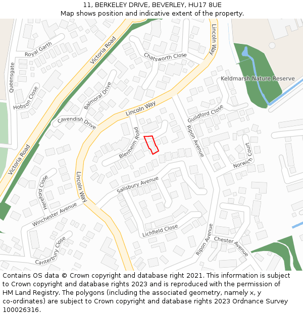 11, BERKELEY DRIVE, BEVERLEY, HU17 8UE: Location map and indicative extent of plot