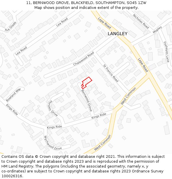 11, BERNWOOD GROVE, BLACKFIELD, SOUTHAMPTON, SO45 1ZW: Location map and indicative extent of plot
