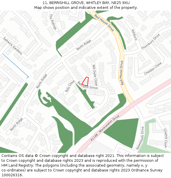 11, BERRISHILL GROVE, WHITLEY BAY, NE25 9XU: Location map and indicative extent of plot