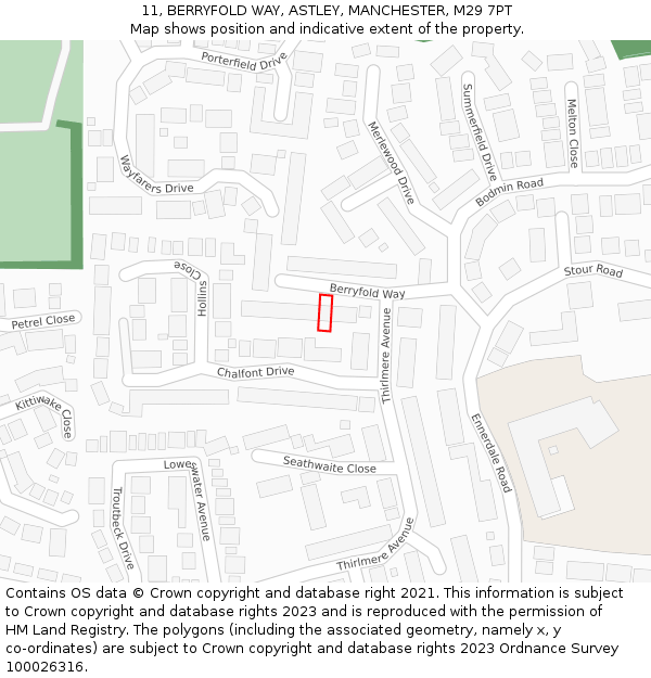 11, BERRYFOLD WAY, ASTLEY, MANCHESTER, M29 7PT: Location map and indicative extent of plot